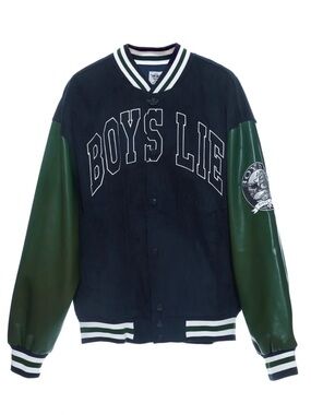Boys Lie Navy and Green Leather-Sleeve Varsity Jacket
